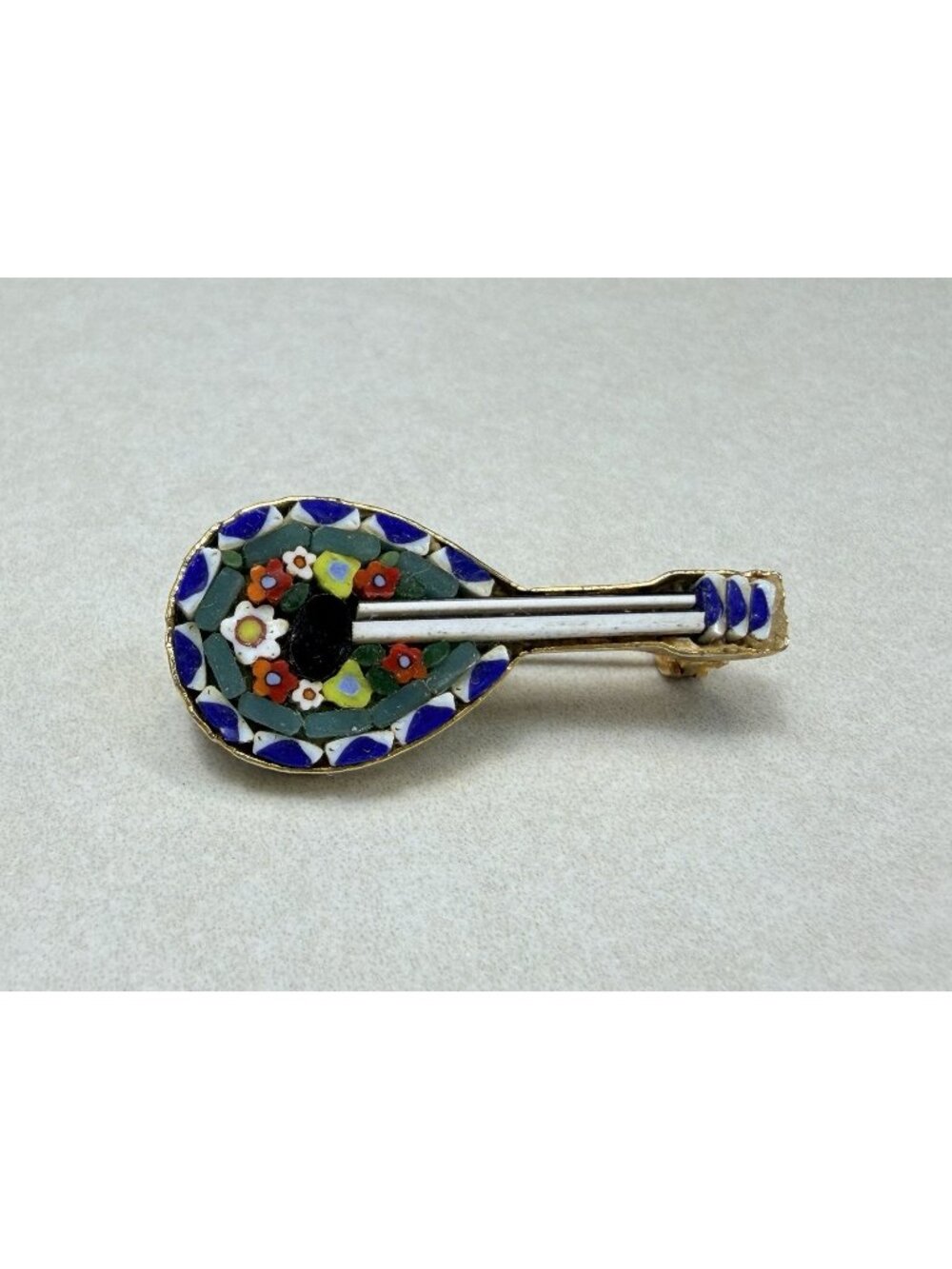 Vintage Small Micro Mosaic Guitar Brooch Pin Italy Gold Tone Instrument
